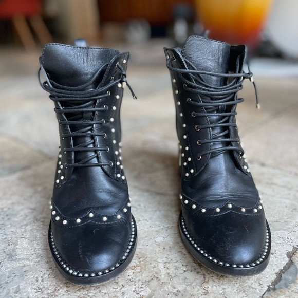 Jimmy Choo Heeled Combat Boots with Pearl Beading - Picture 3 of 7